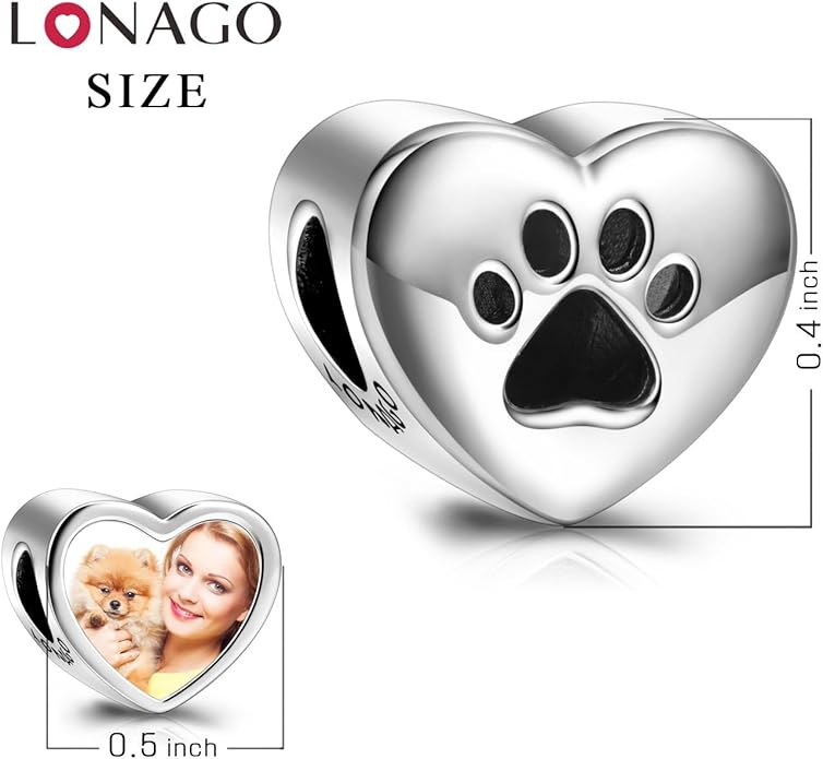 LONAGO 925 Sterling Silver Personalized Photo Charm Fit Compatible for Bracelet Necklace Customized Heart Round Shape Picture Bead