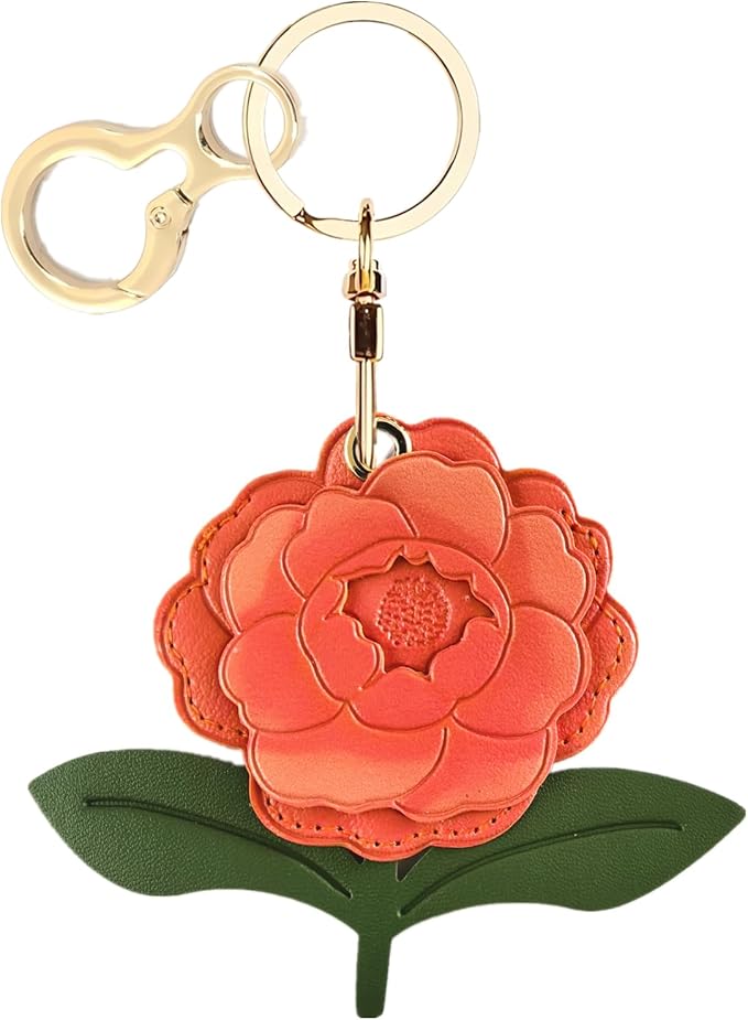 Leather Keychain Holder Case Compatible with AirTag,Cute Protective Apple Air Tag Cover with Keychain Ring,Anti-Scratch Finder GPS Tracker Case for Wallet Keys,Bag,Pets(Red Peony)