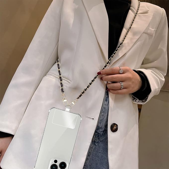 Phone Crossbody Chain Cell Phone Lanyard,Universal Leather+Metal Shouder Strap with Phone Tether Patches (A)