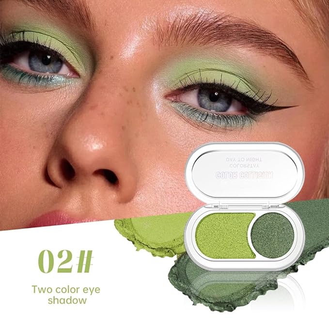 Mini Green Shimmer Eyeshadow Duo – Lime Glow & Forest Moss Metallic Eye Shadow Palette, High Pigment Long-Lasting Blendable Green Makeup for Brown Hazel Eyes, Wear, Party Glam, Stage & Night Out Looks