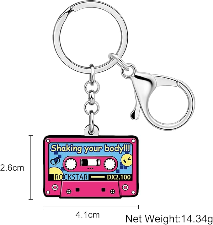 Acrylic 70s 80s 90s Colorful Retro Cassette Tape Keychain Hip Hop Pink Key Ring Charm For Women Music Themed Party Gift