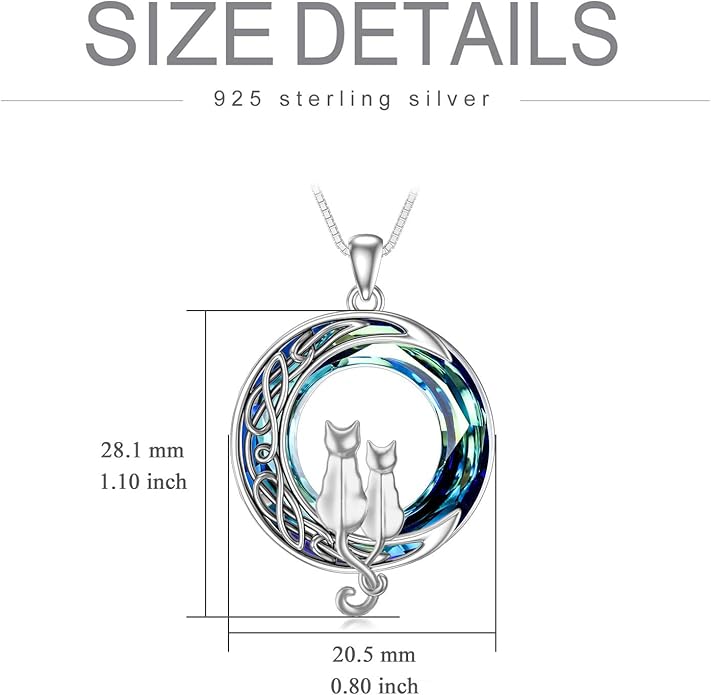 TOUPOP Cat Gifts for Cat Lovers One Two Three Four Cats Necklace Sterling Silver Cats on the Moon Pendant Necklace with Blue Circle Crystal Birthday Christmas Celtic Jewelry Gifts for Women
