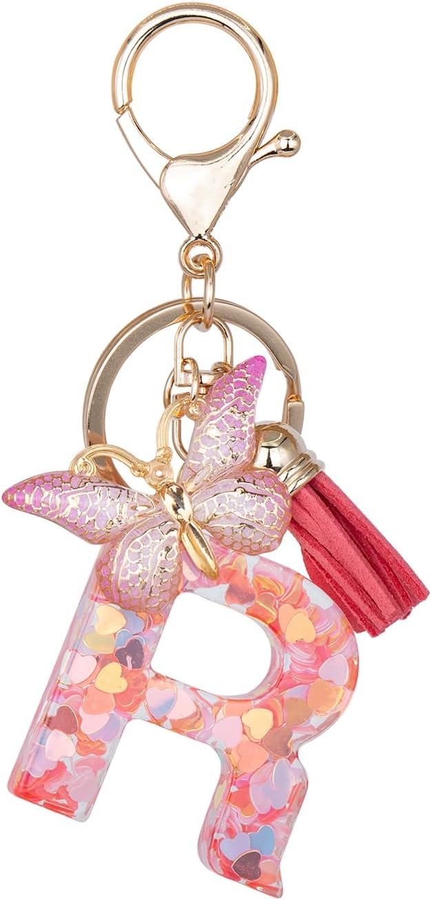Initial Keychain Cute Pink Resin Letter and Butterfly Charms Keychains for Backpack Purses