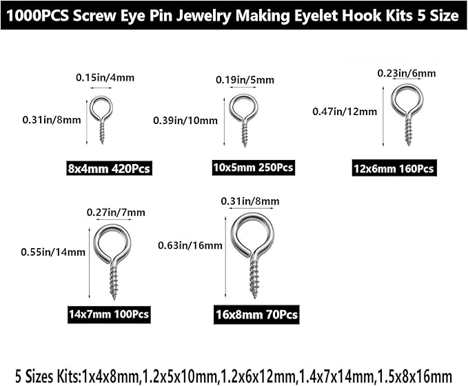 1000 Pcs Small Screw Eye Pin Jewelry Making Eyelet Hook Kits for Craft 5 Sizes Silver (4x8mm,5x10mm,6x12mm,7x14mm,8x16mm)