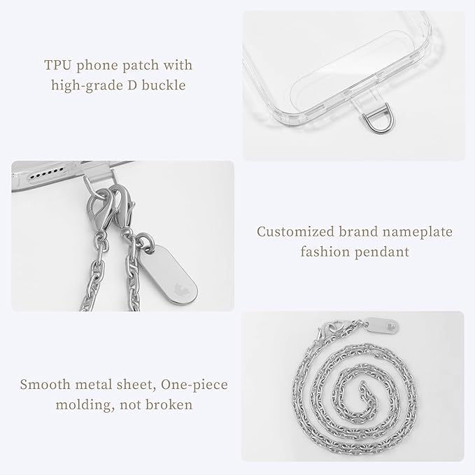UKON Crossbody Phone Chain Lanyard - Fashion Anti-Theft Phone Strap with 2xTPU Tether Tab for Women Shopping Traveling Party（LightSilver）