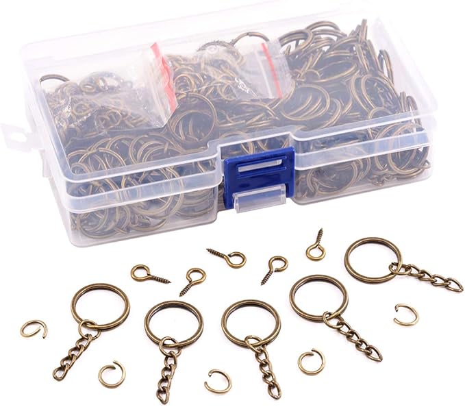 Swpeet 450Pcs 4/5 Inch 20mm Bronze Flat Key Chain Rings Kit, Including 150Pcs Split Keychain Rings with Chain and 150Pcs Jump Ring with 150Pcs Screw Eye Pins Bulk for Jewelry Findings Making