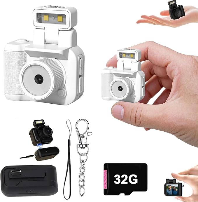 Retro Snap Camera，Mini Nostalgic Vintage View Camera，Tiny Snaps Camera，Keychain Digital Photo Camera，Llavero Mini CáMara Retro，1080p Hd with Led Flash Light (White 32G)