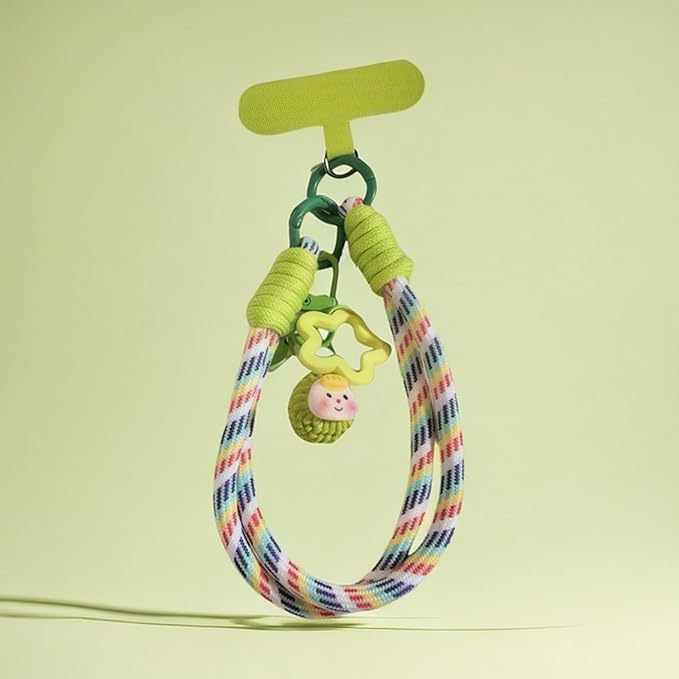 Dopamine Vibes Universal Wrist Strap - Korean-Style Short Phone Lanyard with Cute Green Durain Charm, 7mm Rope, Trendy Anti-Theft Tether for Girls, Includes Pendant & Nylon Phone Tab