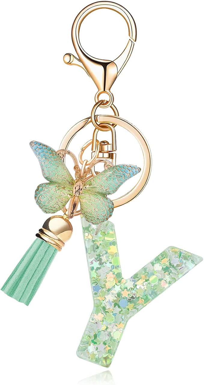 Fashion Alphabet Initial Letter Keychain Tassel Butterfly Pendant Key Ring for Purse Handbags Women Girl