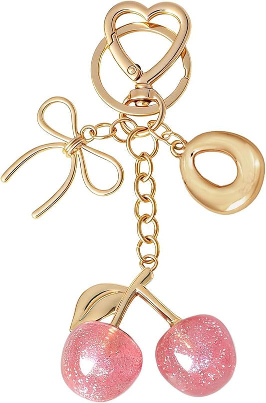 Snycler Bubble Initial Keychain with Cherry & Bow - Gold Letter Bag Charms for Women, Cute Purse Handbag Accessories