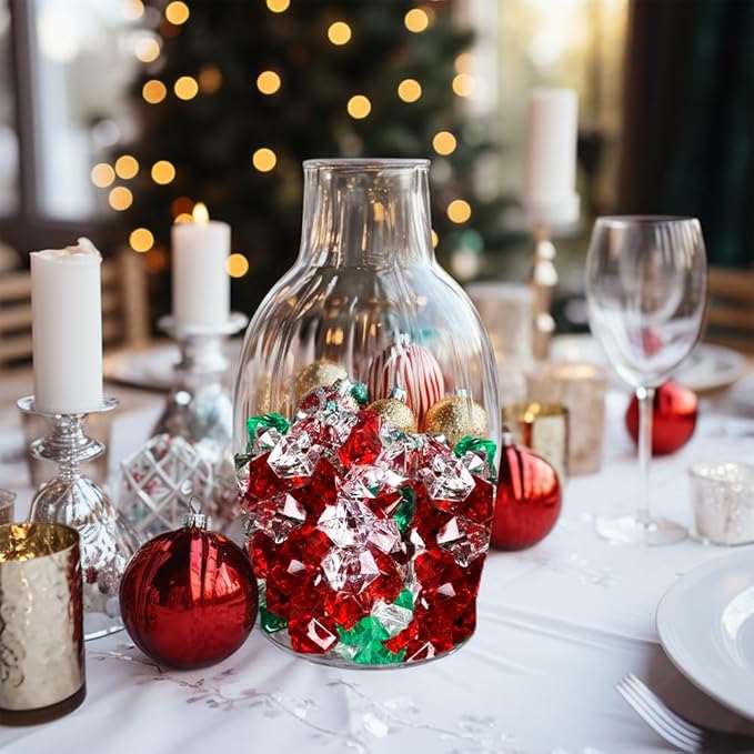 HappyFiller Christmas Decoration 14OZ Fake Ice Rocks Cubes Acrylic Gems Stones,Table Scatters, Photography Props Vase Fillers,Wedding,Crafts,Home Centerpieces,Candle Holder,Red,Green,Clear Mix