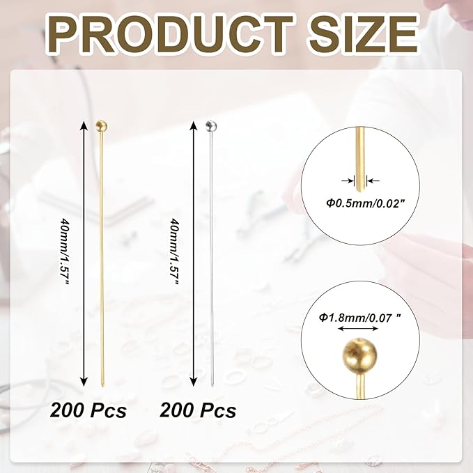 PATIKIL 1.6 Inch Ball Pins, Jewelry Making Headpins Straight Pins Findings Bendable for DIY Craft Bracelet Necklace Earring Pendant Making Supplies-400Pcs(Silver Gold)