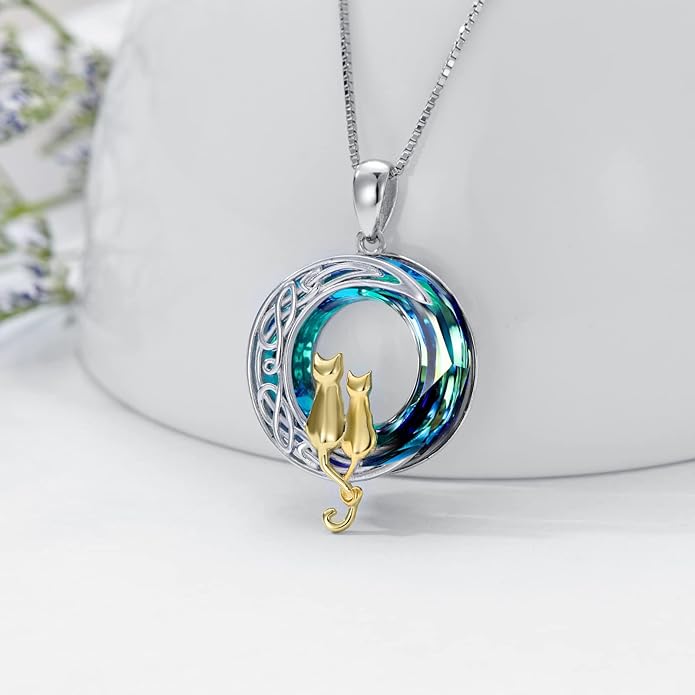 TOUPOP Cat Gifts for Cat Lovers One Two Three Four Cats Necklace Sterling Silver Cats on the Moon Pendant Necklace with Blue Circle Crystal Birthday Christmas Celtic Jewelry Gifts for Women