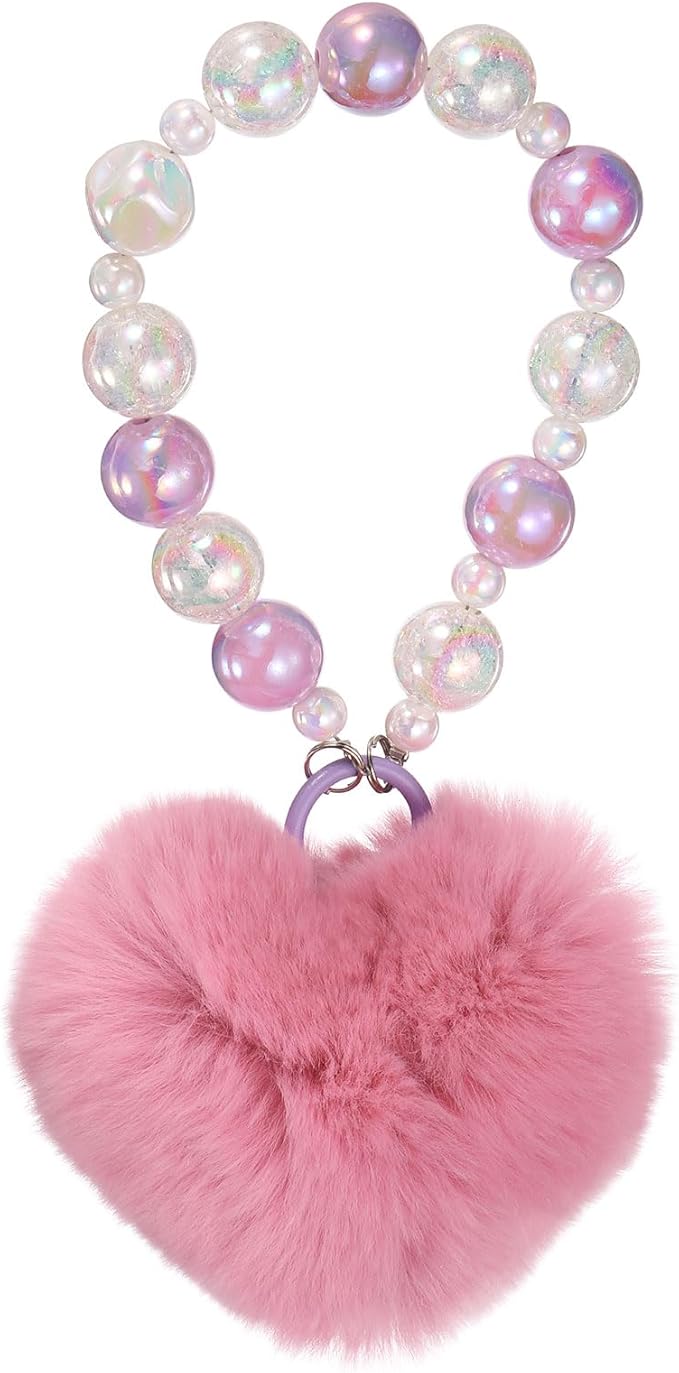uxcell Heart Plush Keychain, Beaded Rabbit Hair Fur Pom Bag Charm Cute for Car Keyring, Bag Decorations, Handbag Buckle