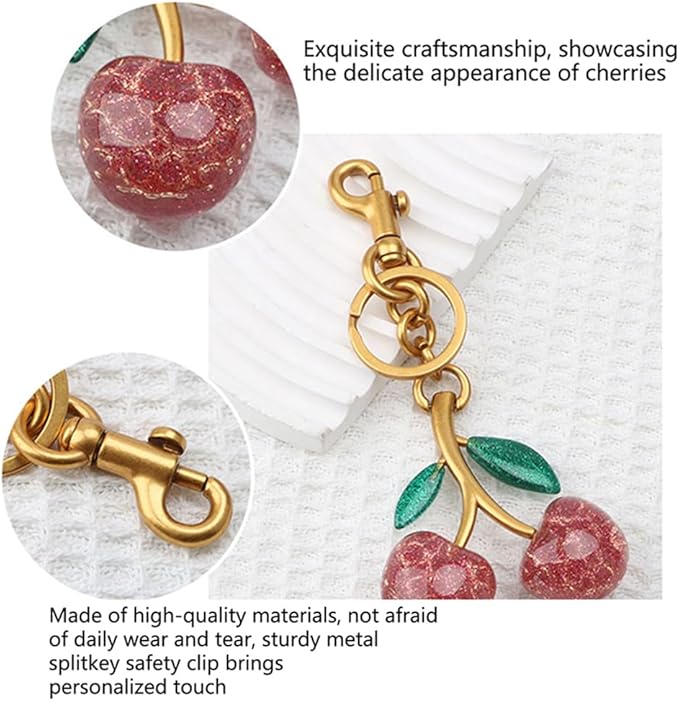 Cherry Keychain for Purse - Resin Alloy Silver Cherry Bag Charm，Cute Fruit Accessory for Women/Gift/Home/Car
