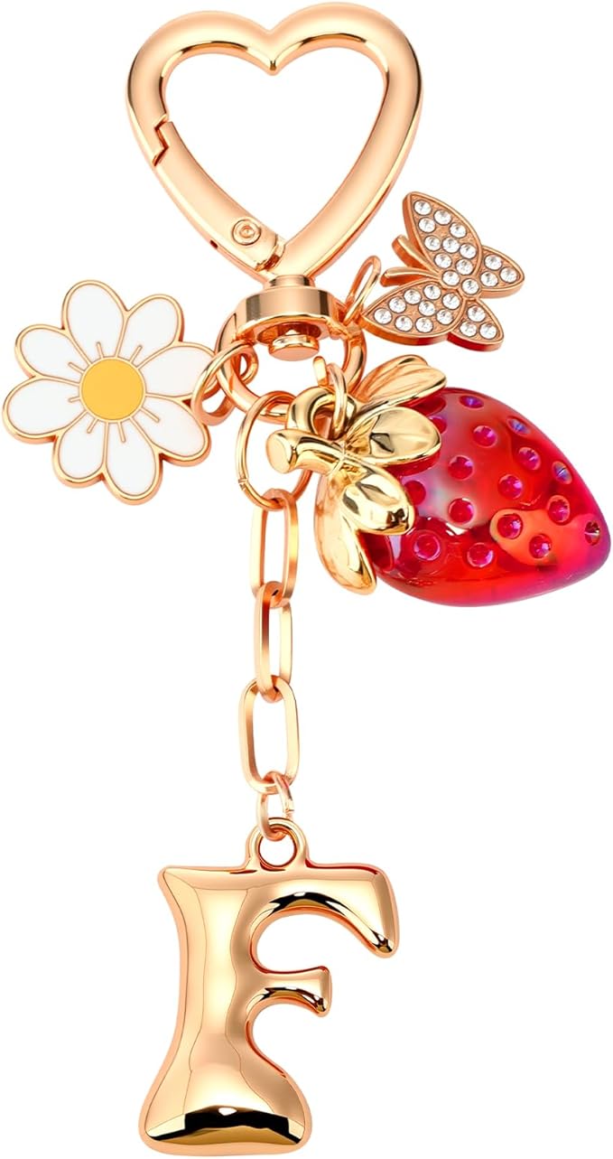 Strawberry Initial Keychain for Women-Cute Kawaii Gold Alphabet Bag Charms, Key chain Gift for Purse Handbag