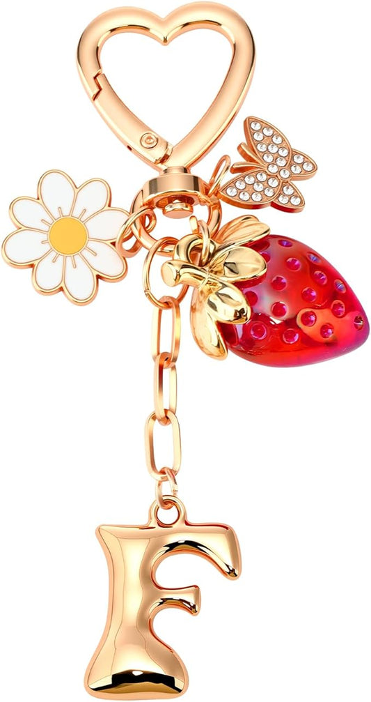 Strawberry Initial Keychain for Women-Cute Kawaii Gold Alphabet Bag Charms, Key chain Gift for Purse Handbag