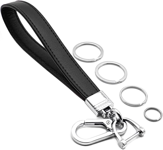 Car Fob Key Chain Genuine Leather Wristlet Strap Keychains Holder for Men and Women, 360 Degree Rotatable, with Anti-lost D-Ring, Carabiner Clip and 4pcs Key Rings, Black