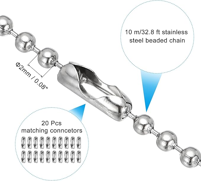 PATIKIL 10m/32.8ft Beaded Ball Chain, 2mm Stainless Steel Pull Chain Extension with 20 Pcs Connectors for Tag Chain, Keychain Rings, DIY Crafts, Silver