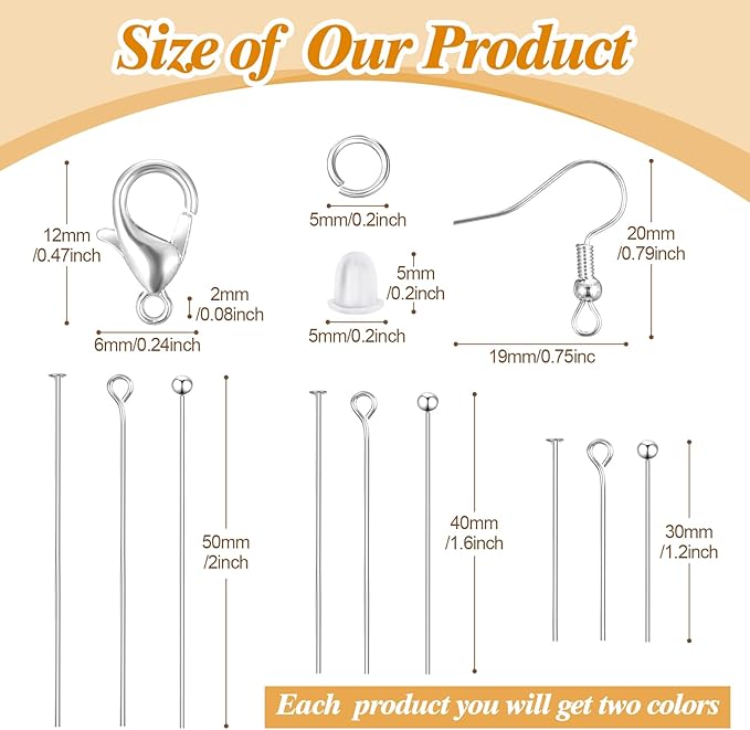 HyDren 2600 Pcs Jewelry Making Supplies Eye Flat Head Ball Pins Lobster Clasps Jump Rings Earring Hooks Backs Set Jewelry Making Findings Accessories Kit for Earring Bracelet DIY Crafts(Silver)
