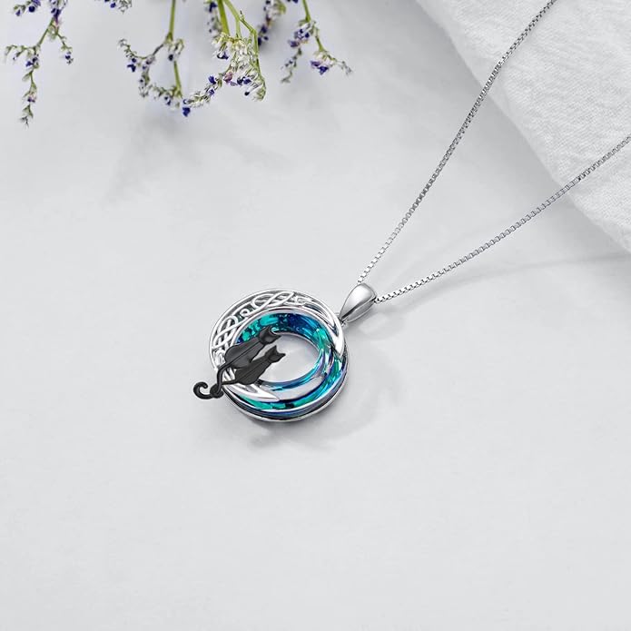 TOUPOP Cat Gifts for Cat Lovers One Two Three Four Cats Necklace Sterling Silver Cats on the Moon Pendant Necklace with Blue Circle Crystal Birthday Christmas Celtic Jewelry Gifts for Women