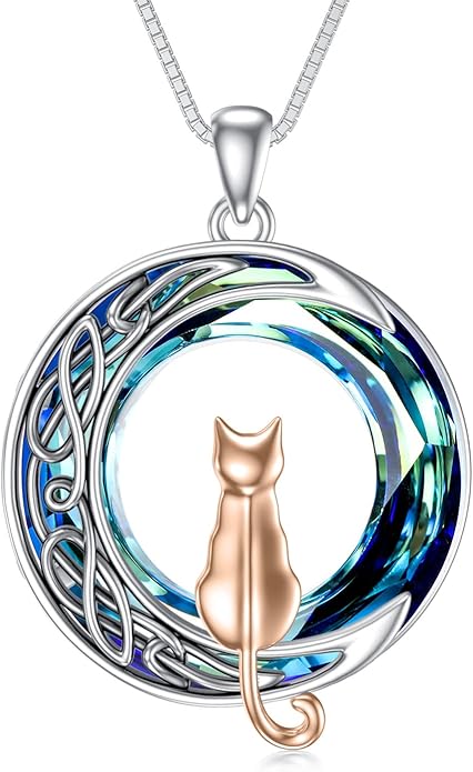TOUPOP Cat Gifts for Cat Lovers One Two Three Four Cats Necklace Sterling Silver Cats on the Moon Pendant Necklace with Blue Circle Crystal Birthday Christmas Celtic Jewelry Gifts for Women