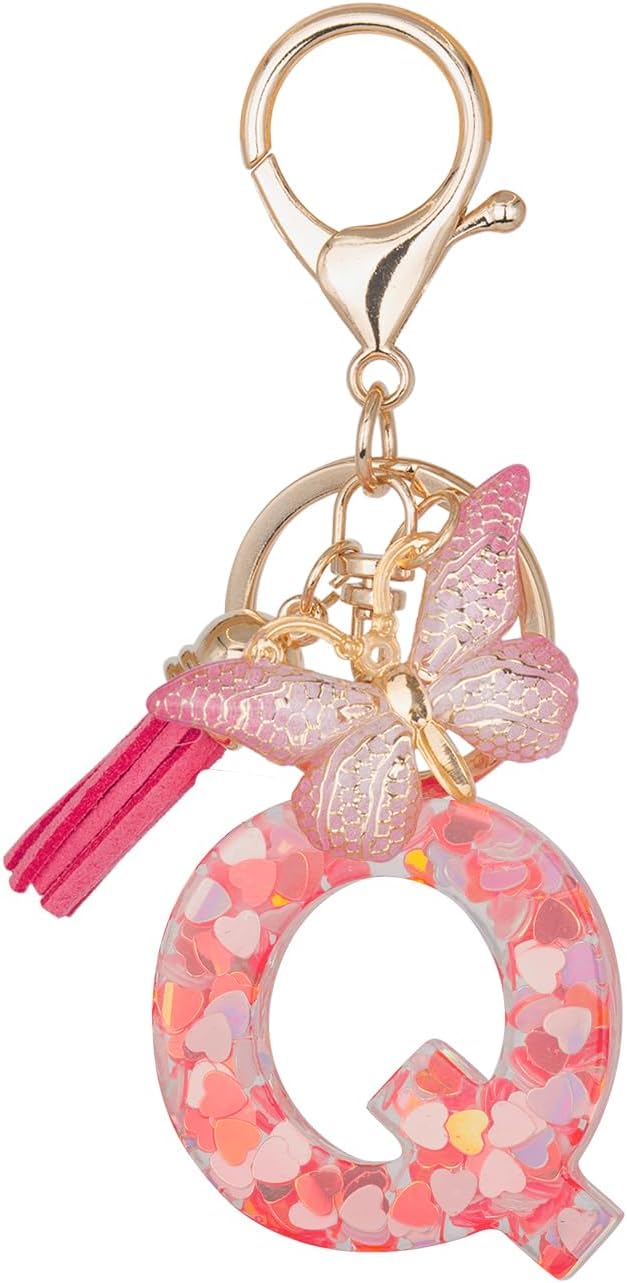Initial Keychain Cute Pink Resin Letter and Butterfly Charms Keychains for Backpack Purses