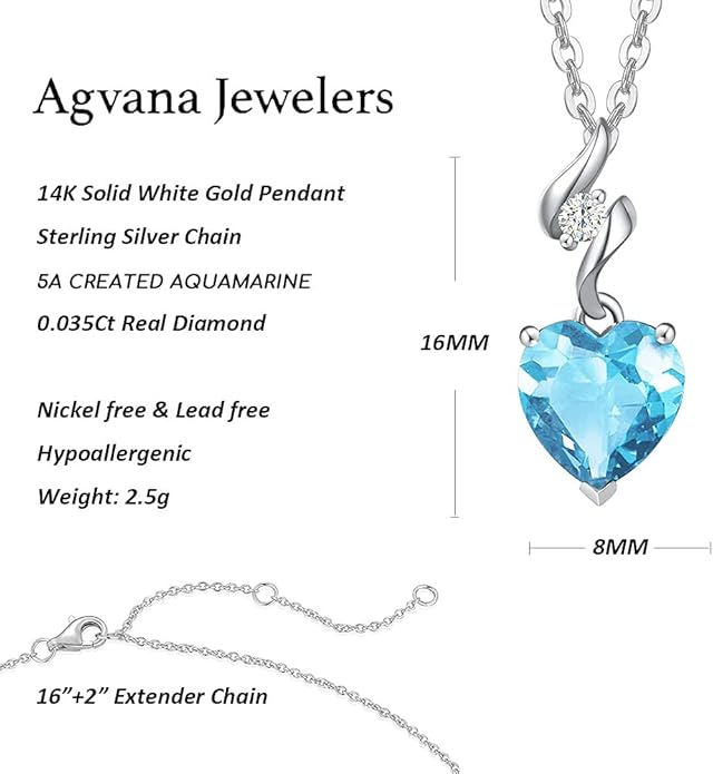 AGVANA Christmas Gifts 14K Solid White Gold Diamond Gemstone Pendant with Sterling Silver Chain 8mm Heart Birthstone Necklace Fine Jewelry Anniversary Birthday Gifts for Women Mom Wife