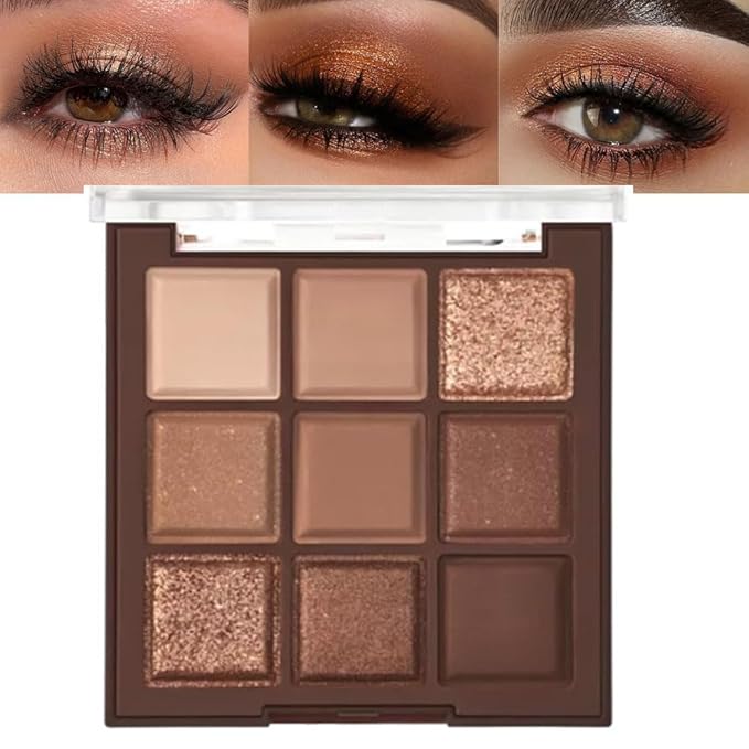 9 Colors Neutral Brown Glitter Eyeshadow Palette – Matte & Shimmer High Pigment Long-Lasting Blendable Bronze Gold Nude Eye Shadow for Soft Glam, Smokey Eyes, Daily Makeup & Mature Lids
