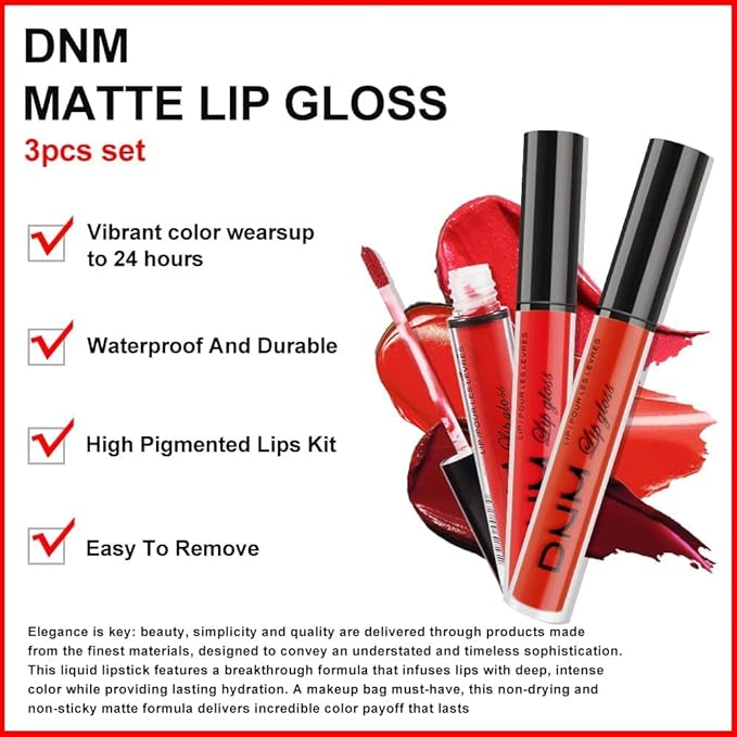 evpct 3Pcs Dark Ruby Fire Red Matte Liquid Lipstick Lip Stain Lipgloss sets for Women 24 Hour Red Matte Lipstick Long Lasting Smudge Proof