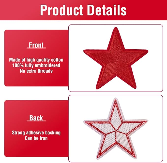 WILDREEDS 24 Pieces Star Iron on Patches, Star Embroidered Patch for Clothing, T-Shirt, Backpacks, Hats, Jeans, Jackets (Red)