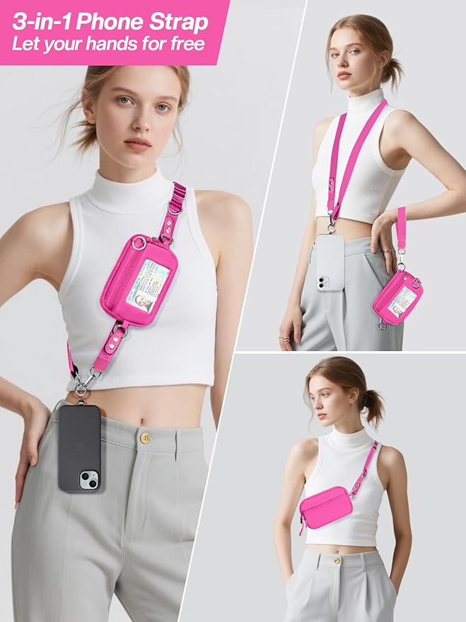 Clip and Go Strap for Phone with Wallet Crossbody Phone Lanyard Adjustable and Detachable RFID Wristlet Wallet with ID Window and Zipper, Hot Pink