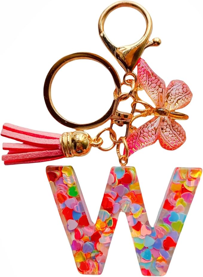 Cute Initial Letter Keychains for Women Girls Tassel Butterfly Pink Purple Green Keychain for Backpack School Bag