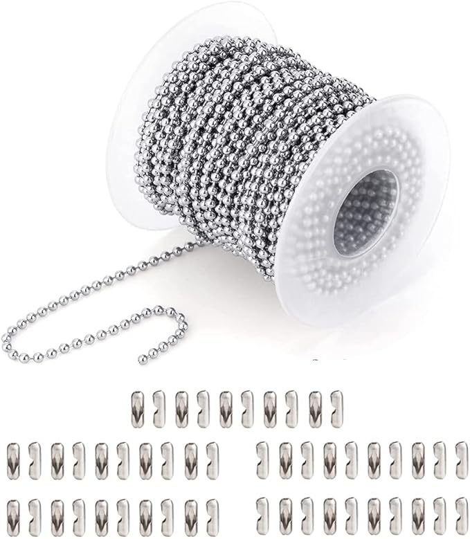Ball Bead Chain Stainless Steel 36 Feet, Silver Metal #3 Bead Chain with 50pcs Connectors Clasps, Dog Tag Necklace Key Chains for Making DIY Crafts, 2.4mm Ball, 1 Roll 11 Meters