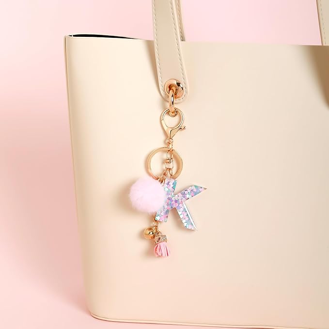 Resin Alphabet Initial Letter Keychain Keyring for Women Purse Handbags With Fur Ball Pom