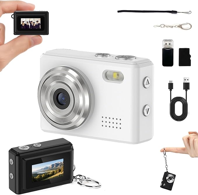 Mini Digital Camera Keychain Tiny Pixel Hd 1080p Retro Keychain Camera Micro Portable That Works Camera for Travel Study Recording (White 64G)