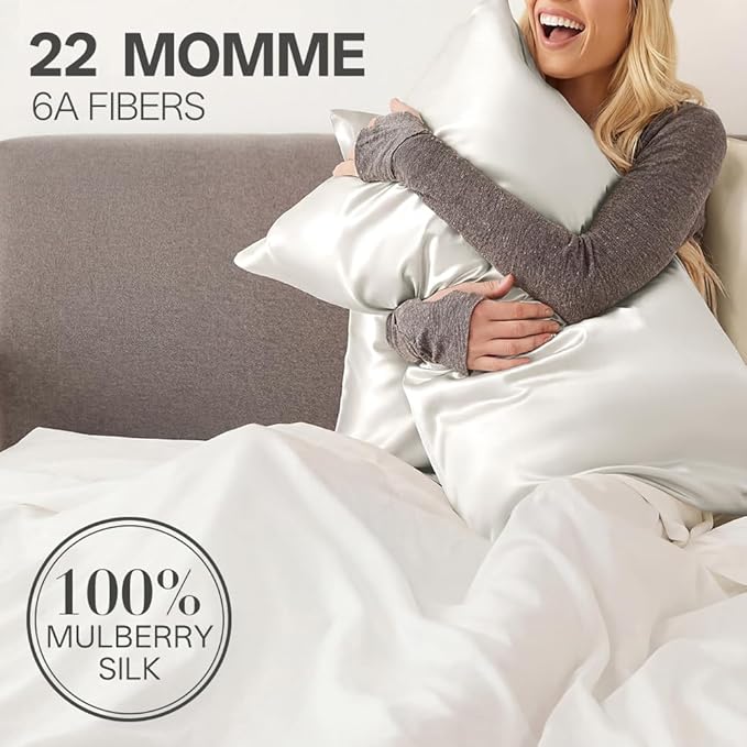 STONECREST Silk Pillowcase, 100% Organic Mulberry Silk, Real 22 Momme 6A Grade, Oeko-Tex Certified, Luxury Pillow Cover for Hair & Skin, with Hidden Zipper(1 Pc Standard 20x26, Cream White)