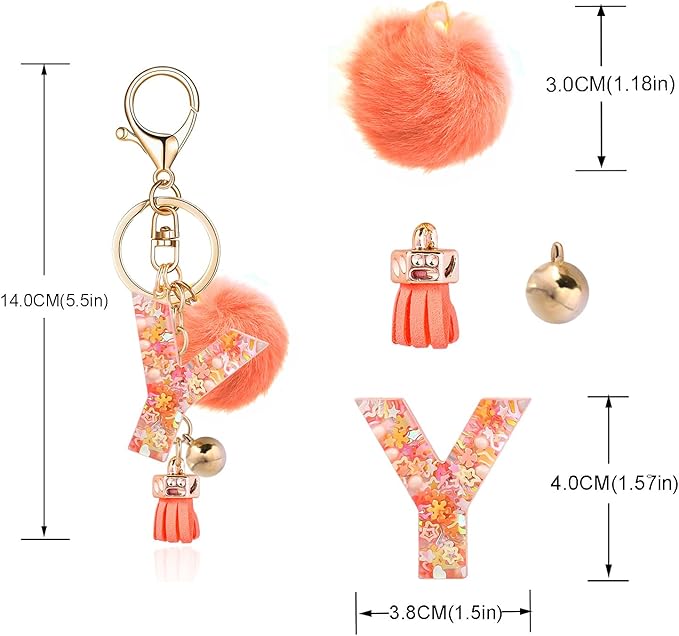 Resin Alphabet Initial Letter Keychain Keyring for Women Purse Handbags With Fur Ball Pom