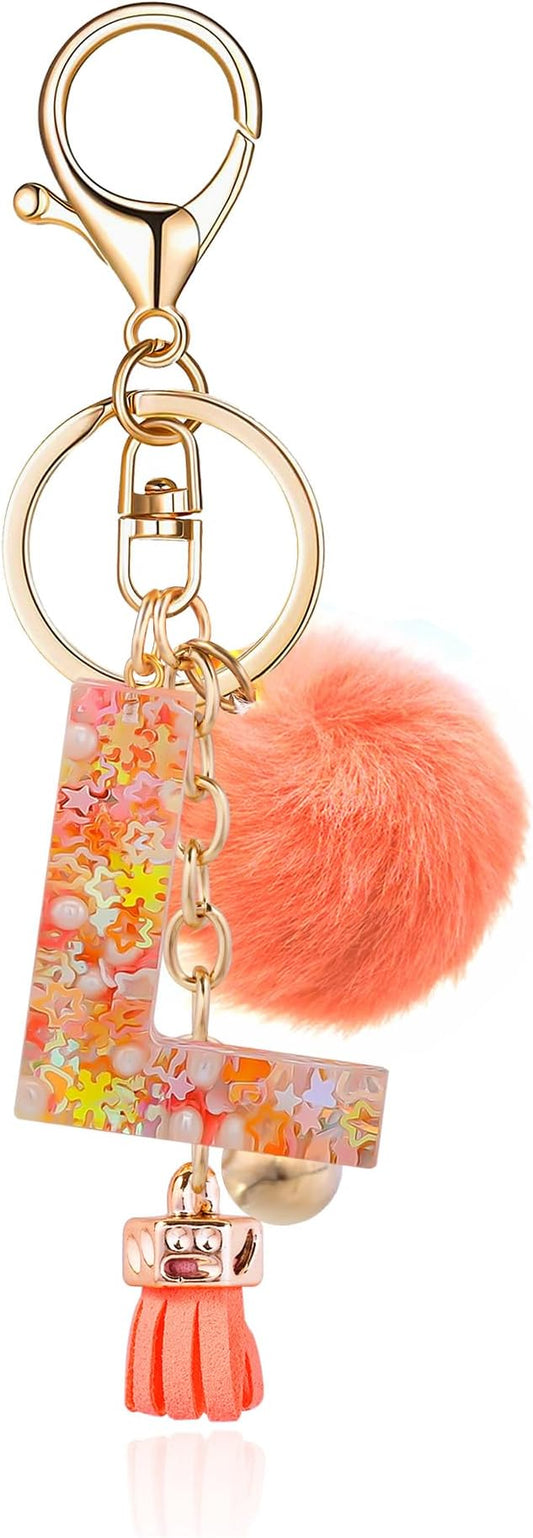 Resin Alphabet Initial Letter Keychain Keyring for Women Purse Handbags With Fur Ball Pom