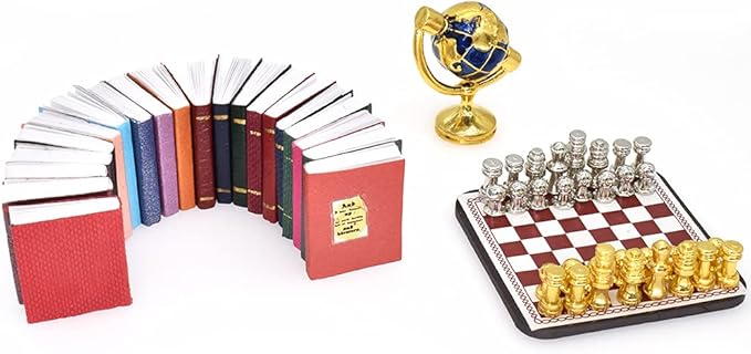 iLAND Miniature Dollhouse Accessories for Dollhouse Furniture, Mini Book Globe Chess Set for Dollhouse Study Room (Classic 22pcs)