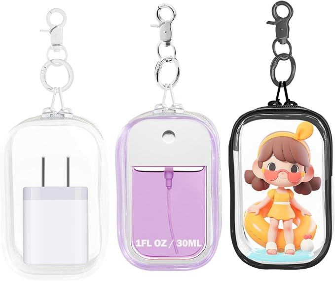 Hand Sanitizer Spray Clear Case for 1FL OZ/30ml, 3 Pack Hand Sanitizer Holder Zippered Pouch, Mini Clear Makeup Bag, Figures Display Bag, with Keychain Snap Hook (Black & White & Purple)