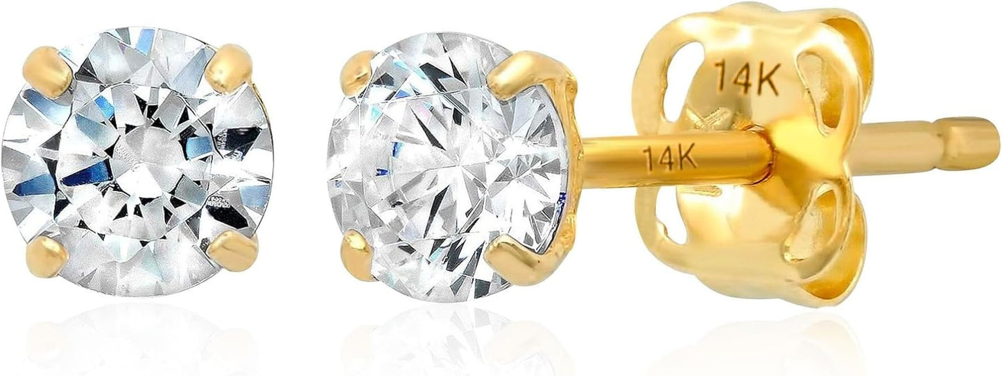 14k Gold Solitaire Round Cubic Zirconia Earrings Studs for Women & Men | Anti Tarnishing CZ Stud Earrings with 14k Gold Butterfly Pushbacks | 4MM-7.5MM by MAX + STONE