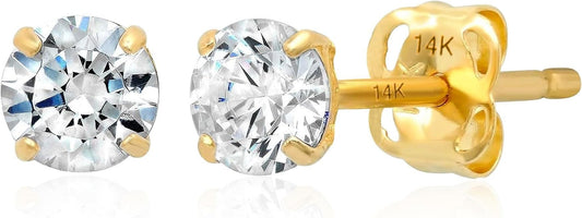 14k Gold Solitaire Round Cubic Zirconia Earrings Studs for Women & Men | Anti Tarnishing CZ Stud Earrings with 14k Gold Butterfly Pushbacks | 4MM-7.5MM by MAX + STONE