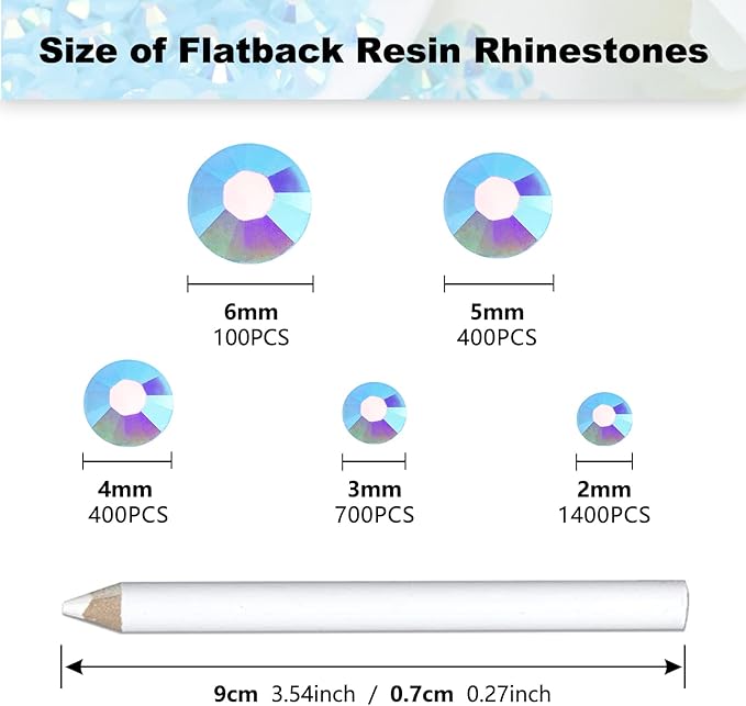 3000PCS Resin Flatback Rhinestone, 2mm 3mm 4mm 5mm 6mm Light Blue AB Flatback Jelly Resin Rhinestones for Tumblers, Mugs, Bottles, Craft Decoration, Loose Bling Glitter Gem Stone