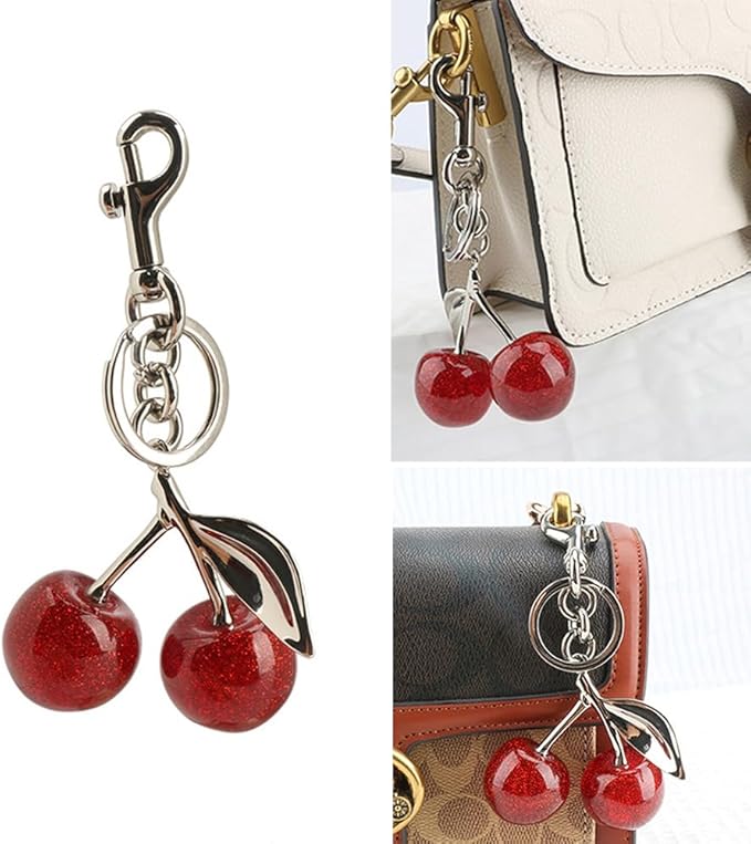Cherry Keychain for Purse - Resin Alloy Silver Cherry Bag Charm，Cute Fruit Accessory for Women/Gift/Home/Car