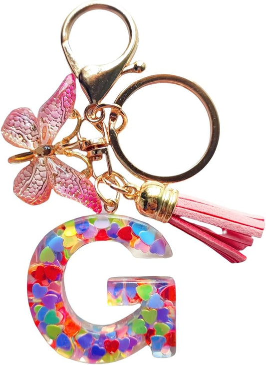 Cute Initial Letter Keychains for Women Girls Tassel Butterfly Pink Purple Green Keychain for Backpack School Bag