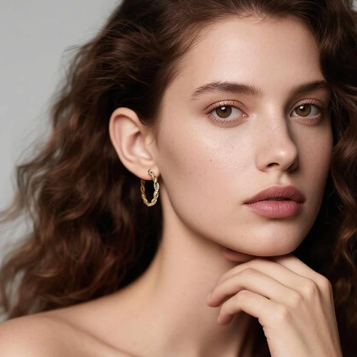 ENROSE Gold Plated Hoop Earrings 14K Gold Plated Earring for Women Twisted Large Hoop Earrings Minimalist Diamond Earring Jewelry 29mm*4mm