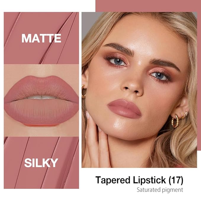 evpct Nude Pink Gradient Matte Lipstick Lip Liner Crayon Combo Pencil Set for Women Long Lasting Waterproof, Nude Matte Cream Lip Liner and Lipstick Combo Makeup, Flawless Gradual Ombre Effect