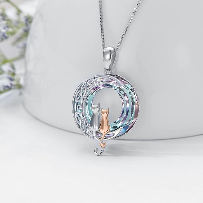 TOUPOP Cat Gifts for Cat Lovers One Two Three Four Cats Necklace Sterling Silver Cats on the Moon Pendant Necklace with Blue Circle Crystal Birthday Christmas Celtic Jewelry Gifts for Women