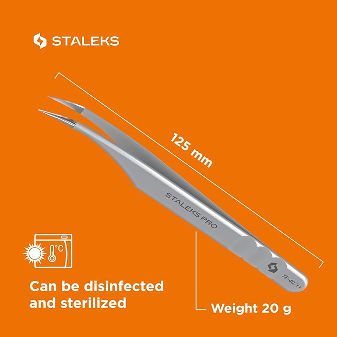 Staleks Pro Professional Eyelash Tweezers Expert 40 Type 11 – Curved – Lash Separation – Stainless Steel – Anti-Fatigue Design